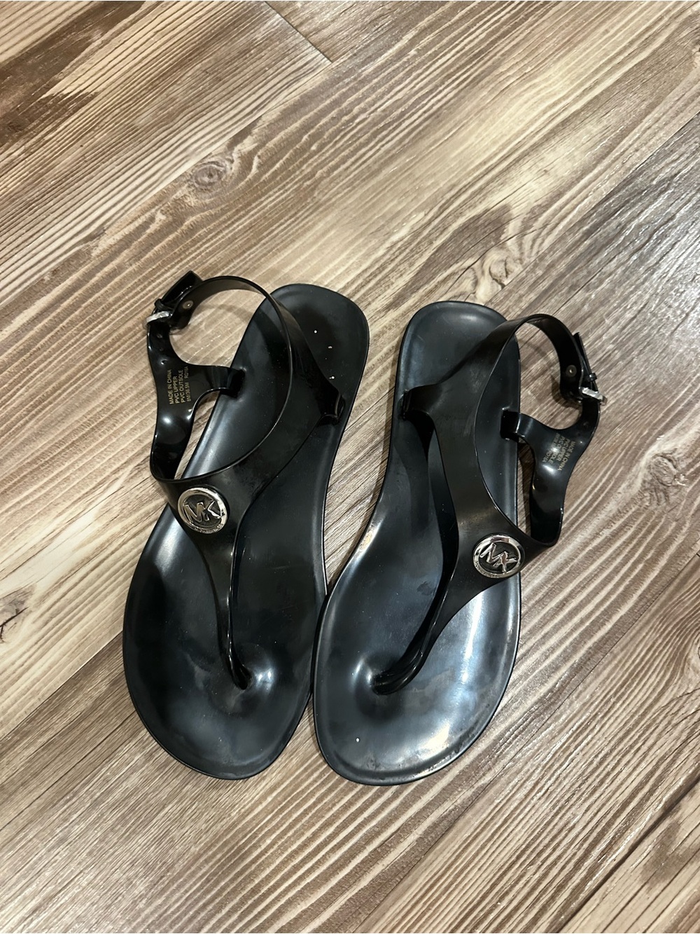 Michael Kors Black Jelly Thong Sandals with MK Medallion